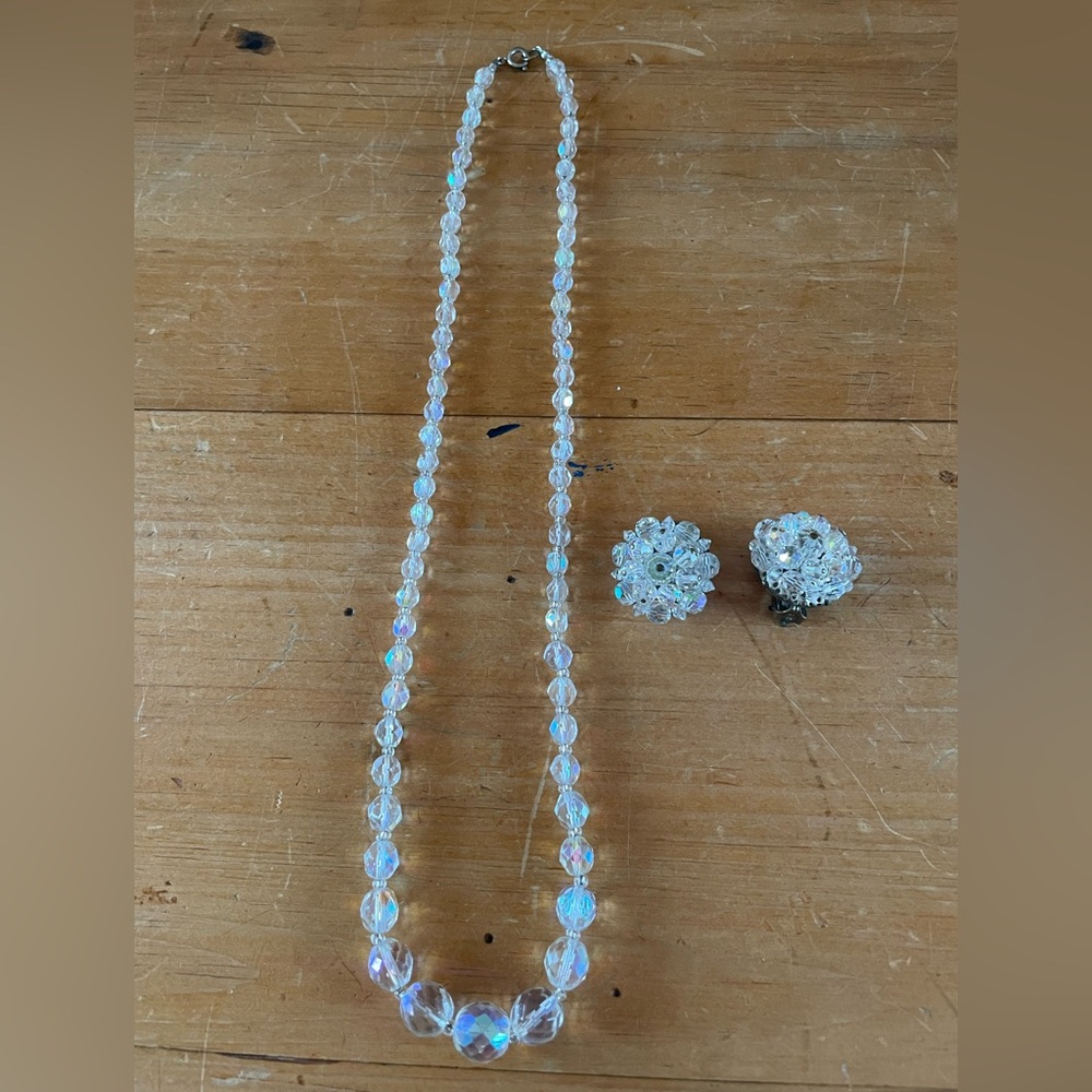 Vintage AB clear beaded necklace and clip on earring set